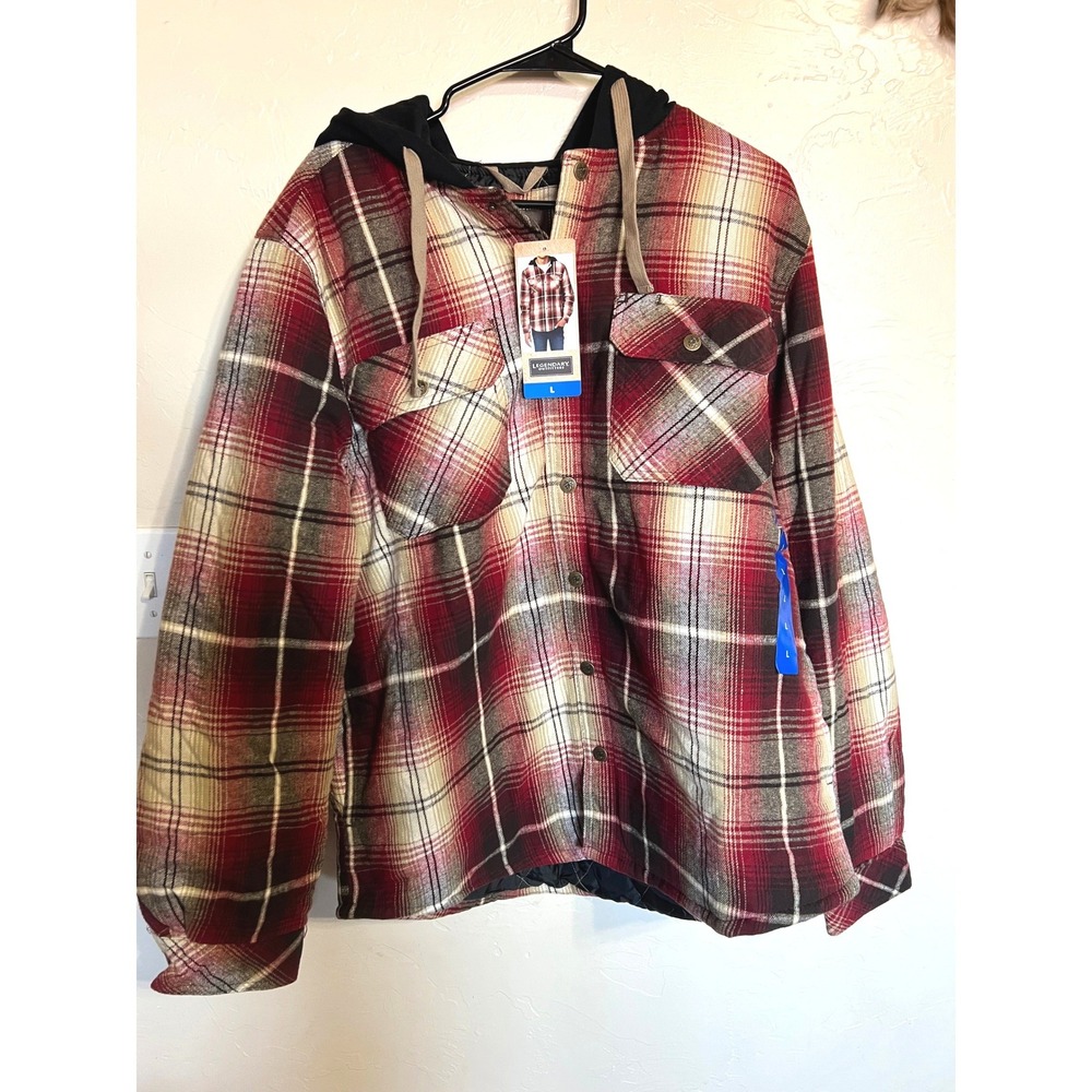 Legendary Outfitters Plaid‎ Flannel Shirt Jacket Quilted Lining Fleece Hood Red